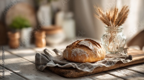 Artisanal sourdough bread loaf resting on wooden board with wheat decor