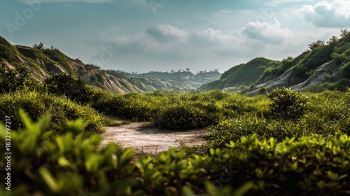 Lush green valley landscape with rolling hills and cloudy skies backdrop