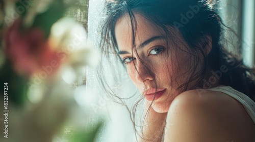 Intense gaze: A woman's captivating portrait with blurred floral accents