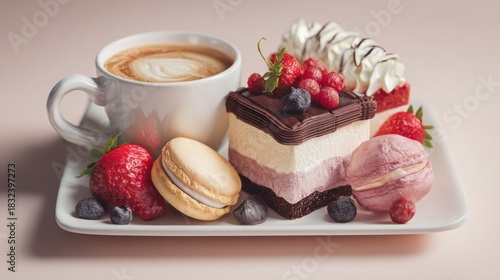 Delicious dessert platter with coffee, cake, macarons and fresh berries