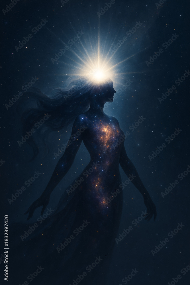 Obraz premium Mystical woman radiating light embodying inner peace and spiritual awakening celestial aura.