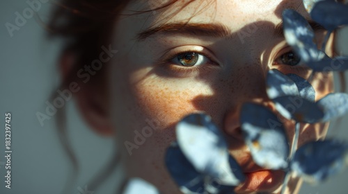 Intimate portrait of a freckled woman face partially veiled by blue foliage
