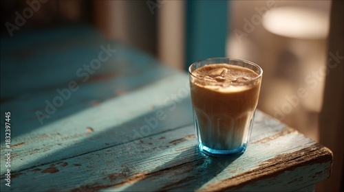 Iced coffee on weathered turquoise wood, refreshing afternoon beverage