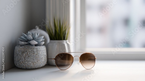 Elegant Still Life Composition with Sunglasses and Succulents on a Windowsill