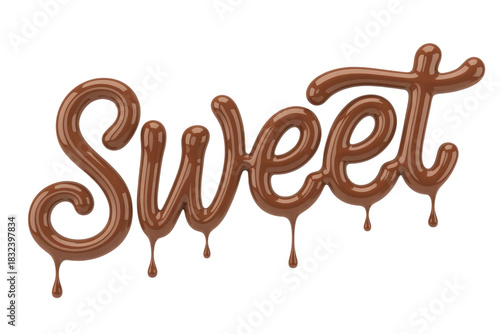The word 'Sweet' rendered in a luscious, dripping chocolate texture, featuring glossy brown melted drops. Ideal for delicious candy and dessert-themed projects. background removed