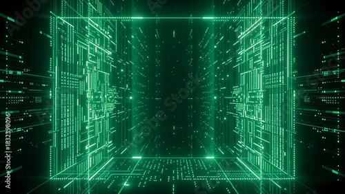 Fototapeta Naklejka Na Ścianę i Meble -  digital room portal tunnel gateway space with neon matrix data stream network