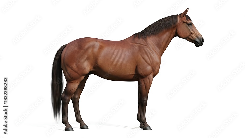 Obraz premium A brown horse stands in profile, showcasing its muscular build against a plain white background.