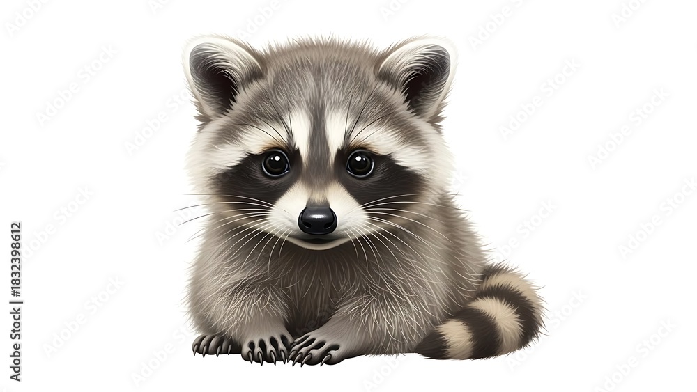 Obraz premium A cute baby raccoon with distinctive markings sits looking directly at the viewer on a white background.