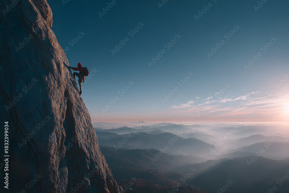 Fototapeta premium Success, life goals, and taking risk concept. Man climbing up a edge of a mountain.