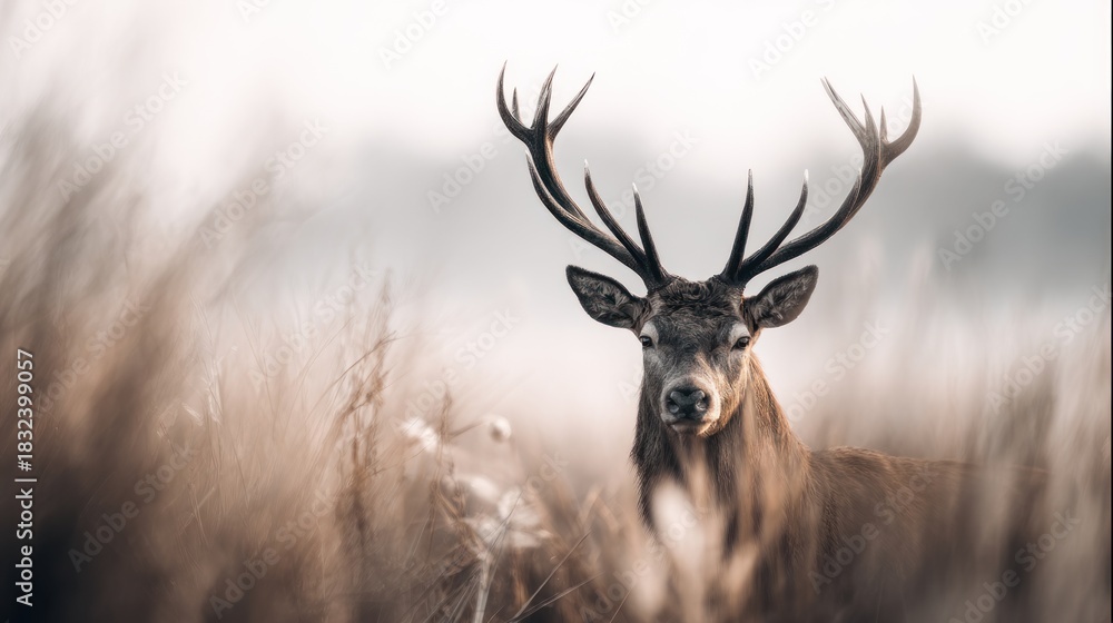 Fototapeta premium Majestic Stag Portrait Amidst Golden Grass: Capturing Wild Beauty