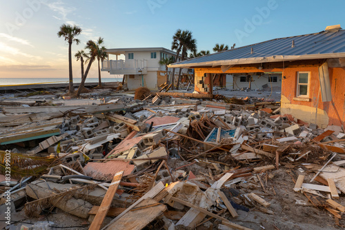 Destroyed house on ocean shore. Hurricane Milton consequences on Manasota Key, Florida. Storm surge severe damage
