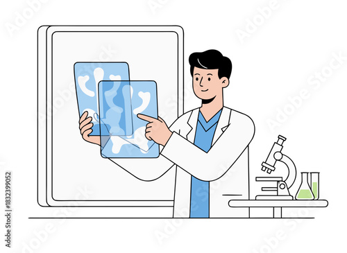 Doctor Examining X Ray Images Of A Patient With A Microscope And Scientific Equipment On A Table In A Clinic Vector Illustration