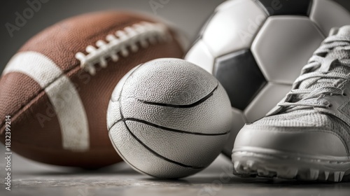 A Collection of Sports Equipment Featuring Football, Basketball, Soccer Ball and Shoes