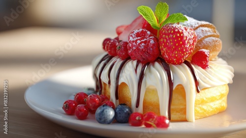 Delicious dessert with a variety of colorful fruits and toppings close up