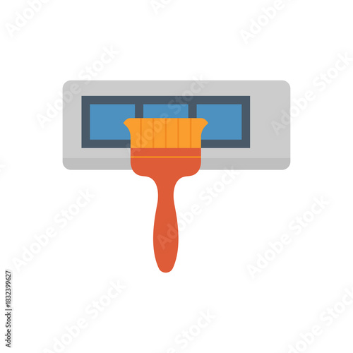 Air conditioner cleaning vector icon by brush removing dust and dirt from evaporator coil of indoor AC unit. HVAC maintenance for cooling, airflow, heat ventilation efficiency, energy savings.