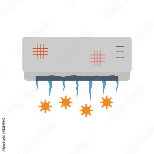 Broken and dirty air conditioning indoor unit vector icon in thin outline style, illustrating malfunctioning AC system. Represents cooling problems, low efficiency and need for cleaning, repair.