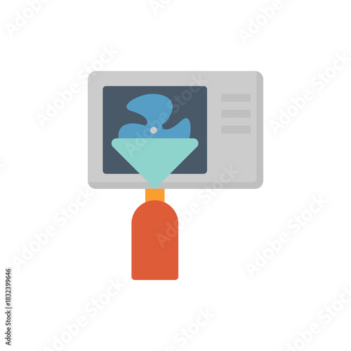 Air condenser cleaning vector illustration, showing cleaning spray applied to fan and condenser coil to remove clogged dirt and improve heat ventilation, ensuring better cooling efficiency.
