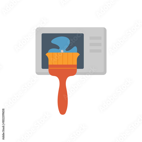 Air conditioning outdoor unit cleaning vector icon, brush removing dust and dirt from the condenser coil. HVAC maintenance illustration to improved cooling, airflow, heat ventilation efficiency.