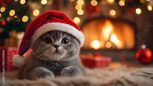 Cute gray kitten wearing a Santa hat sits by a cozy fireplace during the holiday season