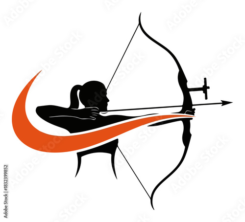 Female Archer Silhouette Logo. Vector Icon of a Woman with Bow and Arrow for Archery Sport.