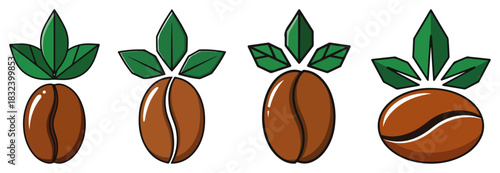 Coffee Bean with Leaves Logo Set. Vector Icon Collection for Cafe and Coffee Shop.