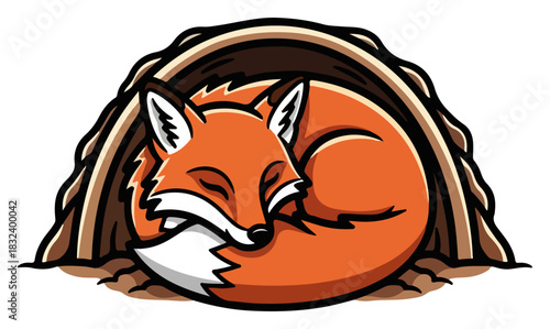 Cute Fox Sleeping in a Den. Adorable Cartoon Woodland Animal Character. Vector Illustration.