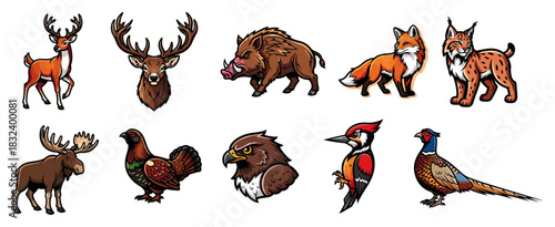 Wild forest animals icons set — deer boar fox lynx moose birds and pheasant vector