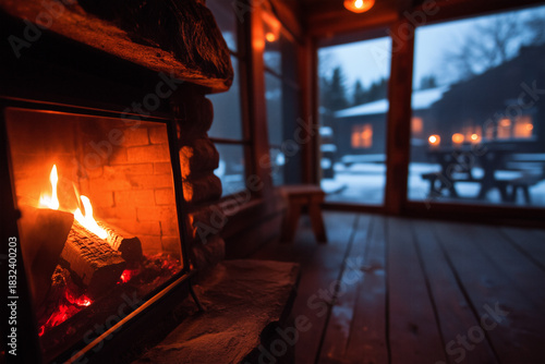 Wallpaper Mural Cozy cabin interior with a warm fireplace glowing in a snowy evening setting Torontodigital.ca