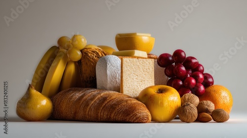 Still life of cheeses and fruits providing a nutritional composition