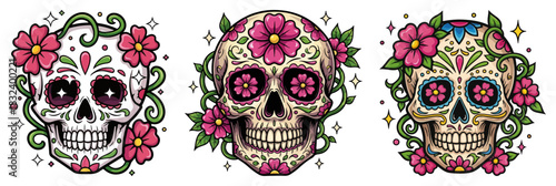 Day of the Dead sugar skulls trio — decorative calavera vector illustration with flowers