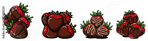 Chocolate Covered Strawberries Vector Set. Romantic Dessert and Valentine's Day Treat Illustrations.
