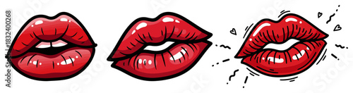 Red Lips Cartoon Icon Set. Sexy Female Mouth with Lipstick in Pop Art Style. Vector Kiss Illustration.