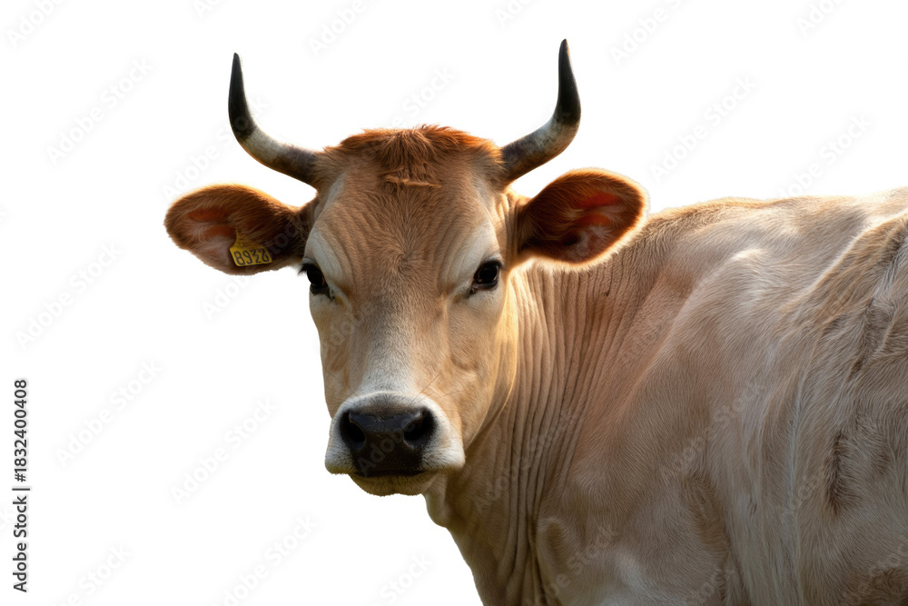 Naklejka premium A light brown cow with horns and an ear tag looks directly at the viewer, isolated against a transparent background, perfect for cutout. background removed