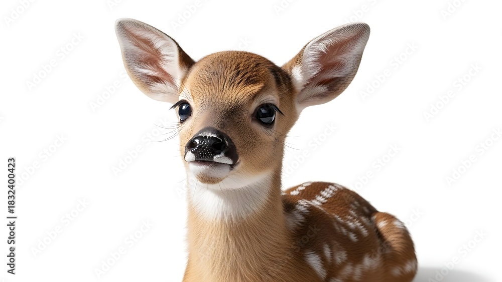 Obraz premium Close-up portrait of a fawn with brown fur and white spots, looking directly at the viewer.