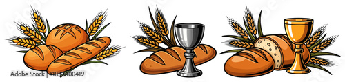 Christian Eucharist Symbol Set with Bread Chalice and Wheat. Holy Communion Vector Illustrations.