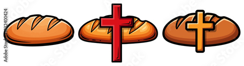 Bread and Cross Christian Symbol Set. Eucharist and Communion Vector Icons.