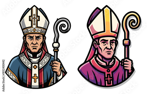 Catholic Bishop and Pope Character Mascot Set. Vector Religious Illustration of a Priest with Mitre and Crosier.