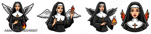 Nun with wings and candle poses — stylized holy sister character cartoon vector