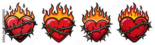 Sacred Heart of Jesus with flames and crown of thorns — devotional Catholic symbol vector set
