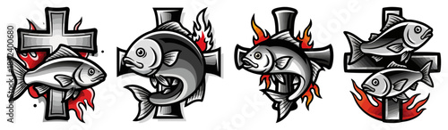 Ichthys fish with cross variations — bold Christian symbol tattoo style vector set