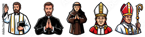 Catholic Clergy and Saints Vector Icon Set. Priest Monk Bishop and Pope Cartoon Characters.