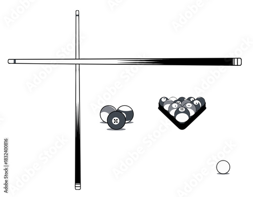 Billiard Balls Arranged in Triangle and Rack on Black Background With Cue Stick and White Ball Ready for Game