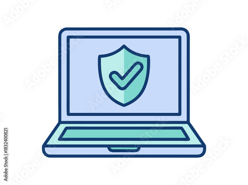 Clean Vector Illustration of a Laptop Displaying a Shield Icon with a Checkmark Symbol Against a Light Blue Background Representing Security and Protection