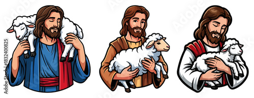 Jesus the Good Shepherd caring for lambs — compassionate Christian vector illustration