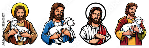 Jesus Christ the Good Shepherd Vector Icon Set. Collection of Christian Portraits with Lamb.