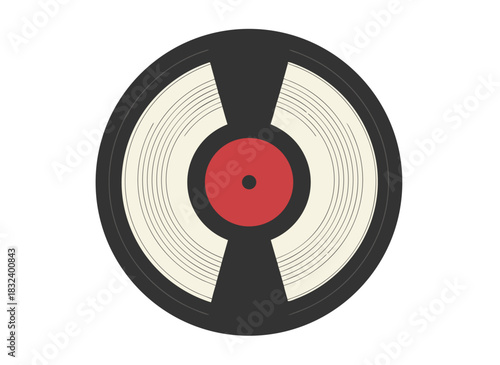 Vintage Vinyl Record with Red Center Label on Black Background Flat Vector Illustration Minimalist Design