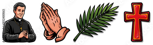 Christian Religious Icon Set. Vector Collection with Priest Praying Hands Palm and Cross.