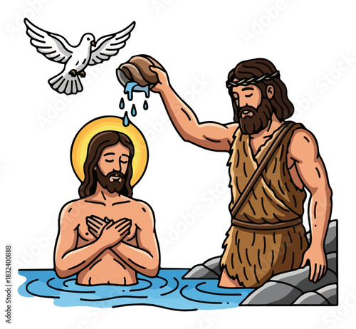 The Baptism of Jesus by John the Baptist. Christian Religious Vector Cartoon Illustration.