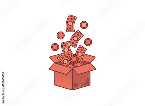 A simple pixel art illustration of a coral colored cardboard box overflowing with falling coral and pink banknotes and coins on a black background