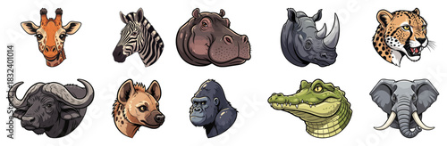 African Animals Head Icon Set. Cartoon collection of safari wildlife. Vector illustration.